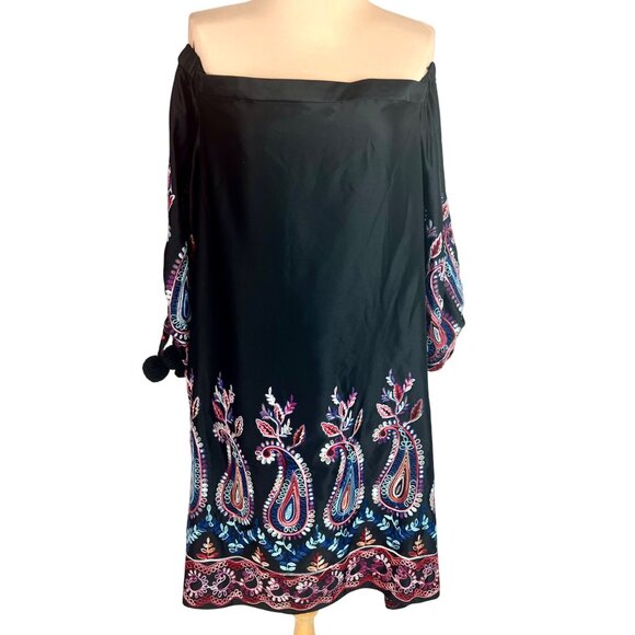 Nicole Miller Black Boho Embroidered Off The Shoulder Mini Dress 10 Flowy Whimsy - Picture 2 of 11